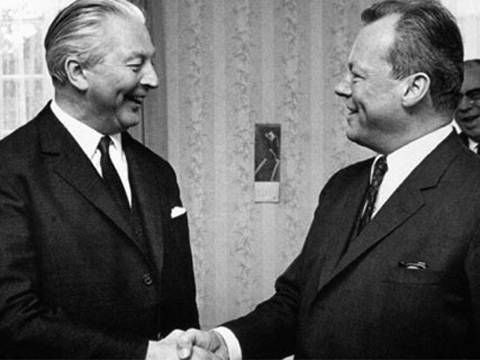 Protagonisten der Großen Koalition: Bundeskanzler Kurt Georg Kiesinger und Außenminister Willy Brandt, Bad Dürkheim 1968