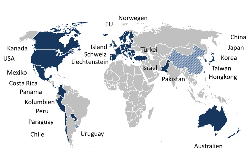 Verhandlungsteilnehmer an TiSA (hellblau: Uruguay und China als Beitrittskandidaten), Stand: 2014; Quelle: BMWi
