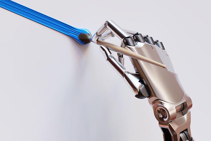 Roboterhand zieht Farbstrich mit einem Pinsel