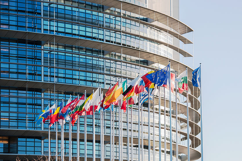 Flaggen vor dem Europäischen Parlament zum Thema Europa
