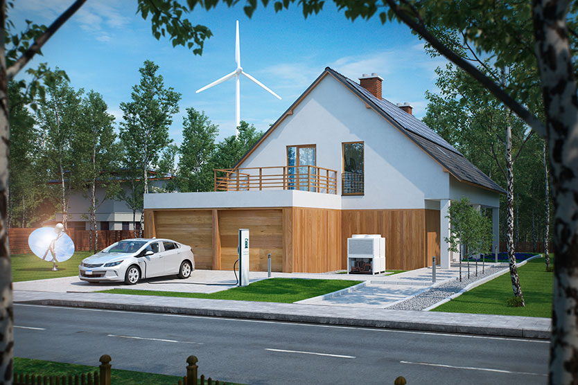 Haus mit solar und Windkraft-Nutzturbine im Hintergrund Ladestation für Elektroautos