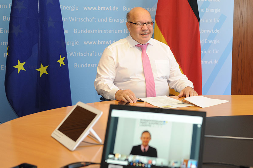 Bundeswirtschaftsminister Peter Altmaier während der Videokonferenz mit Vertretern verschiedener Logistikverbände