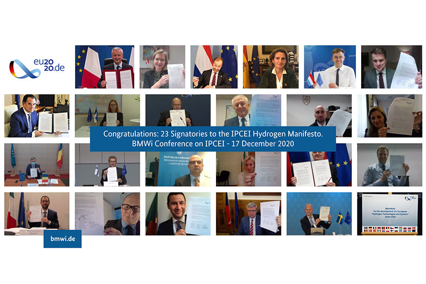 Eine Fotocollage zeigt Vertreterinnen und Vertreter der europäischen Staaten. Sie halten ihre unterzeichnete Absichtserklärung zum Wasserstoff-Vorhaben in den Händen.