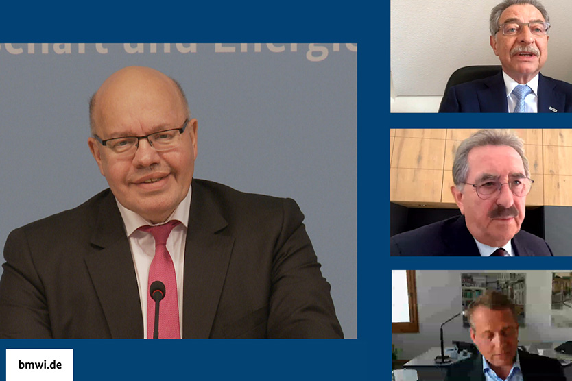 Federal Ekonomi Bakanı Peter Altmaier (solda), BDI Başkanı Dieter Kempf (sağ yukarıda), HDE Başkanı Josef Sanktjohanser (sağ ortada) ve DIHK Başkanı Eric Schweitzer (sağ aşağıda) ile birlikte.