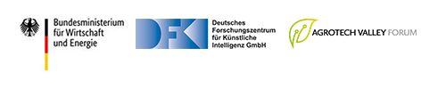 Logos des Bundesministeriums für Wirtschaft und Energie, des Deutschen Forschungszentrums für Künstliche Intelligenz (DFKI) und des  Agrotech Valley Forum e.V.
