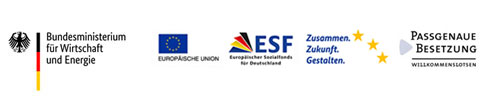 Logos des Bundesministeriums für Wirtschaft und Energie, Europäische Union, ESF, Zusammen.Zukunft.Gestalten., Passgenaue Besetzung und Willkommenslotsen
