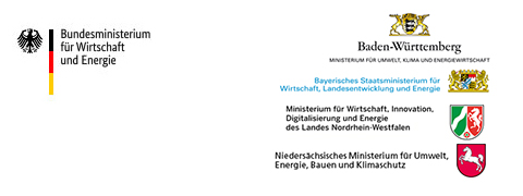 Logos des Bundesministeriums für Wirtschaft und Energie, Baden-Württemberg, Bayern, Nordrhein-Westfalen, Niedersachsen