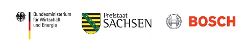 Logos des Bundesministeriums für Wirtschaft und Energie, Freistaat Sachsen und der Firma Bosch