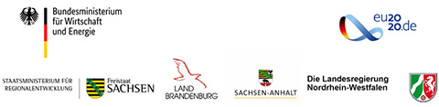 Logos BMWi, Freistaat Sachsen, Land Brandenburg, Sachsen-Anhalt, Nordrhein-Westfalen und eu2020.de