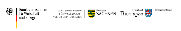 Logos des Bundesministeriums für Wirtschaft und Energie, Freistaat Sachsen Staatsministerium für Wissenschaft, Kultur und Tourismus, und Freistaat Thüringen
