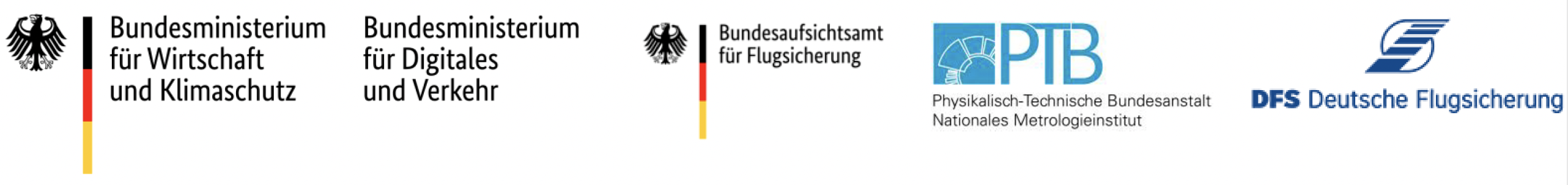 Logos des BMWK, BMDV, Bundesaufsichtsamt für Flugsicherung, PTB, DFS