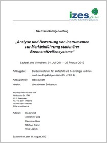 Cover der Publikation Analyse und Bewertung von Instrumenten zur Markteinführung stationärer Brennstoffzellensysteme - Sachverständigenauftrag