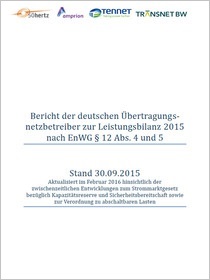 Cover der Publikation Bericht der deutschen Übertragungsnetzbetreiber zur Leistungsbilanz 2015 nach EnWG § 12 Abs. 4 und 5
