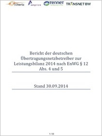 Cover der Publikation Bericht der deutschen Übertragungsnetzbetreiber zur Leistungsbilanz 2014 nach EnWG § 12 Abs. 4 und 5