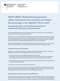 Cover der Publikation BMWi/BMJV-Maßnahmenprogramm "Mehr Sicherheit, Souveränität und Selbstbestimmung in der digitalen Wirtschaft"