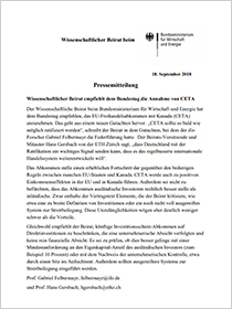 Cover der Pressemitteilung des Wissenschaftlichen Beirats zum Gutachten "Zur Notwendigkeit und Ausgestaltung von internationalen  Investitionsförder- und -schutzverträgen (IFV)"