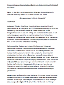 Cover der Pressemitteilung des Wissenschaftlichen Beirats zum Gutachten "Energiepreise und effiziente Klimapolitik"