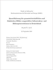 Cover der Studie Quantiﬁzierung der gesamtwirtschaftlichen und ﬁskalischen Eﬀekte ausgewählter Infrastruktur- und Bildungsinvestitionen in Deutschland