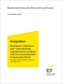 Cover der Publikation Reallabore –Überblick über internationale regulatorische Ansätze und ihre Umsetzbarkeit in deutsches Recht