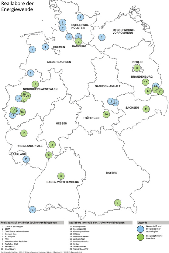 Darstellung der ReallaboreBMWi 2019/Verwaltungskarte Deutschland (Länder) ©GeoBasis-DE /BKG 2017 (Daten verändert)