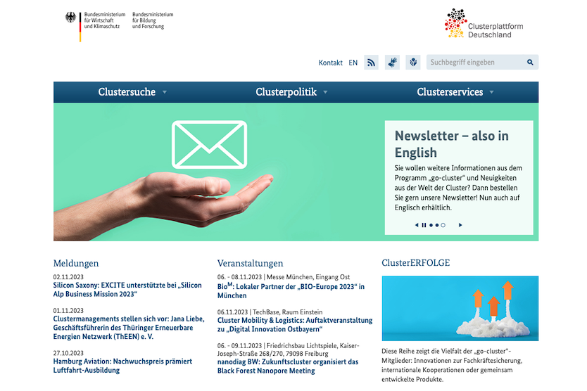 Screenshot der Website Clusterplattform Deutschland