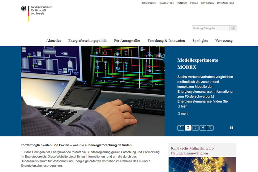 Screenshot der Website - Energieforschung