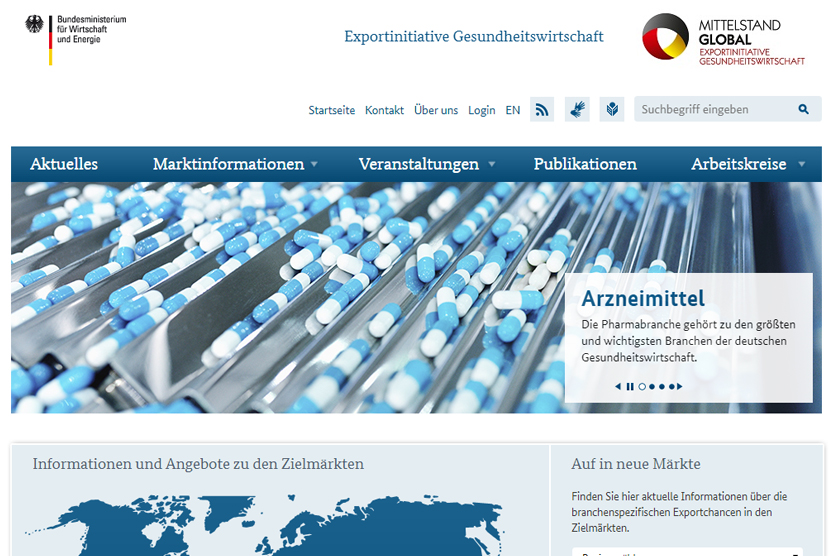 Screenshot der Website Exportinitiative Gesundheitswirtschaft