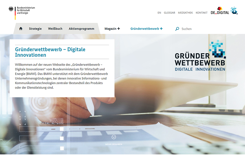 Screenshot der Website Gründerwettbewerb - Digitale Innovationen
