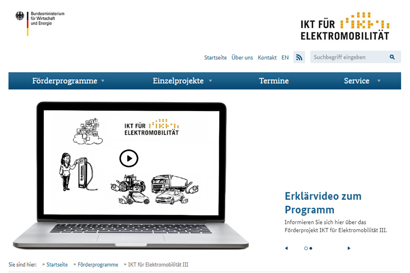 Screenshot der Website zum Forschungsprogramm IKT für Elektromobilität II