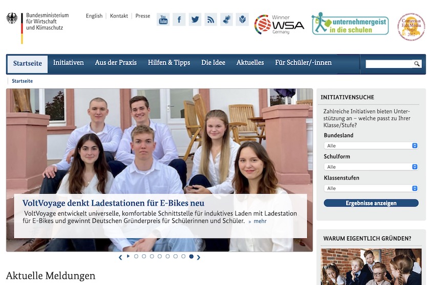Screenshot der Website Unternehmergeist in die Schulen