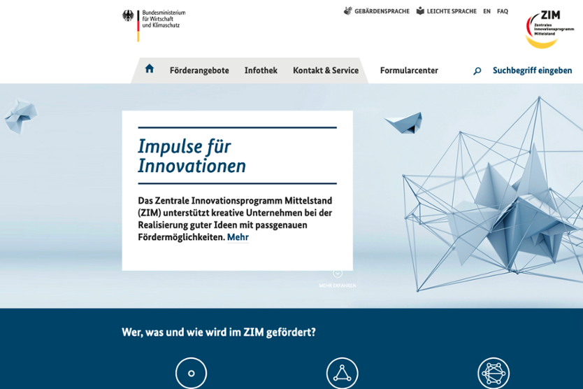Screenshot der Website - Zentrales Innovationsprogramm Mittelstand (ZIM)