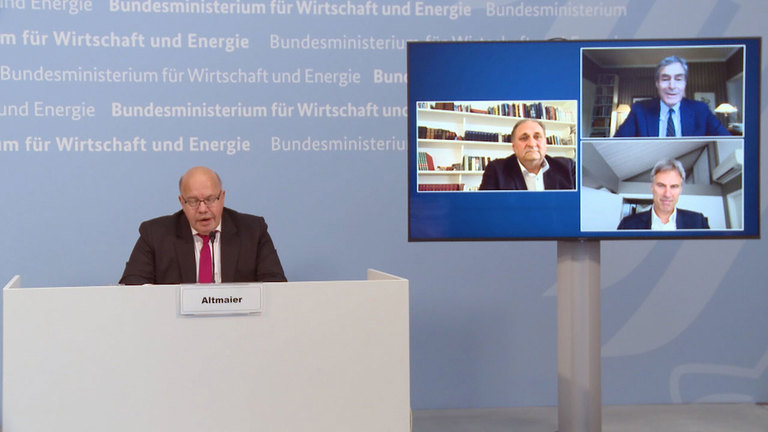 Screenshot aus dem Video Bundesminister Peter Altmaier, Hans-Peter Wollseifer (ZDH), Ingo Kramer (BDA) und Achim Berg (Bitkom) zur aktuellen Situation in den Unternehmen