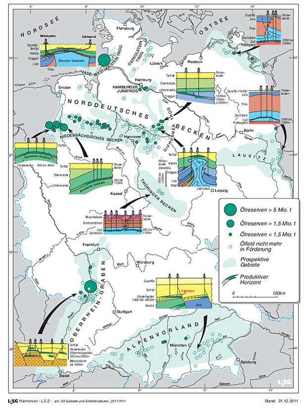 Prospektive Gebiete, Erdölfelder und charakteristische Erdölstrukturen; Quelle: LBEG Hannover