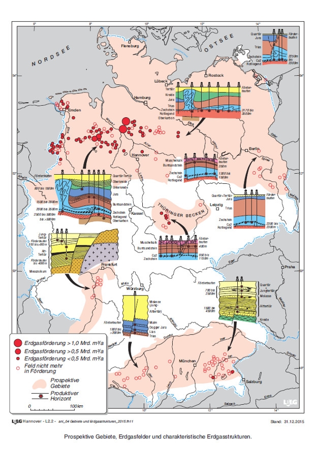 Prospektive Gebiete, Erdgasfelder und charakteristische Erdgasstrukturen; Quelle: LBEG Hannover