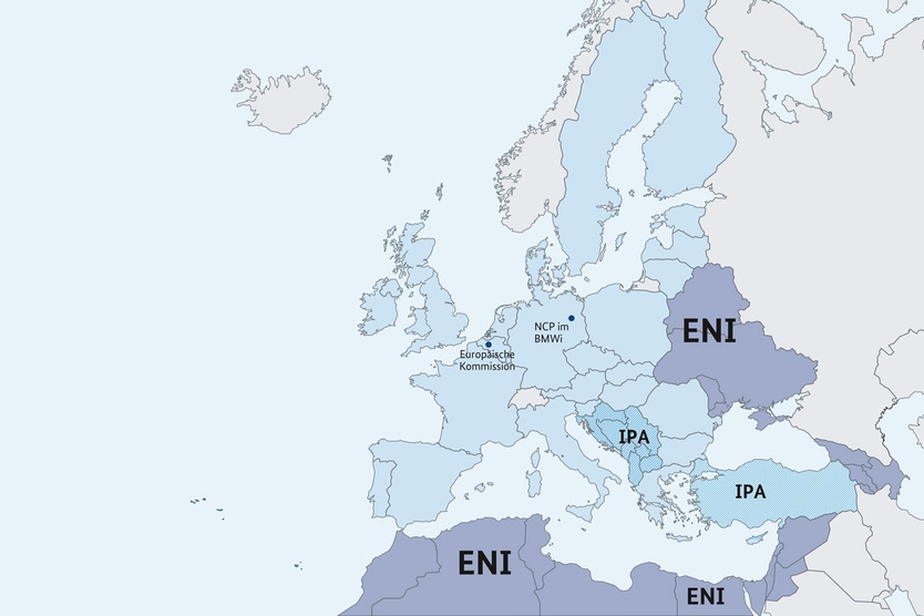 Übersichtskarte EU-Programmregionen mit Nutzung des Instruments Twinning; Quelle: BMWi