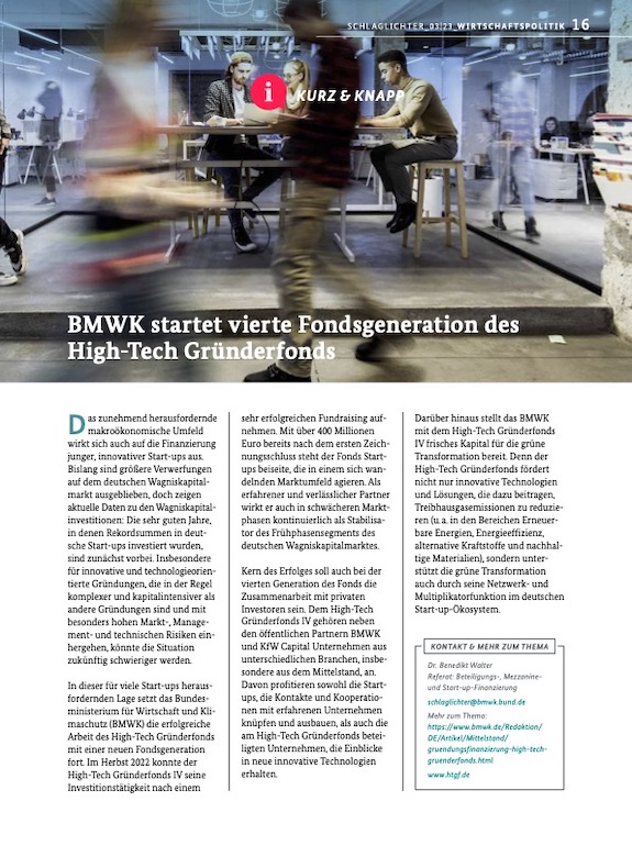 Cover BMWK startet vierte Fondsgeneration des High-Tech Gründerfonds