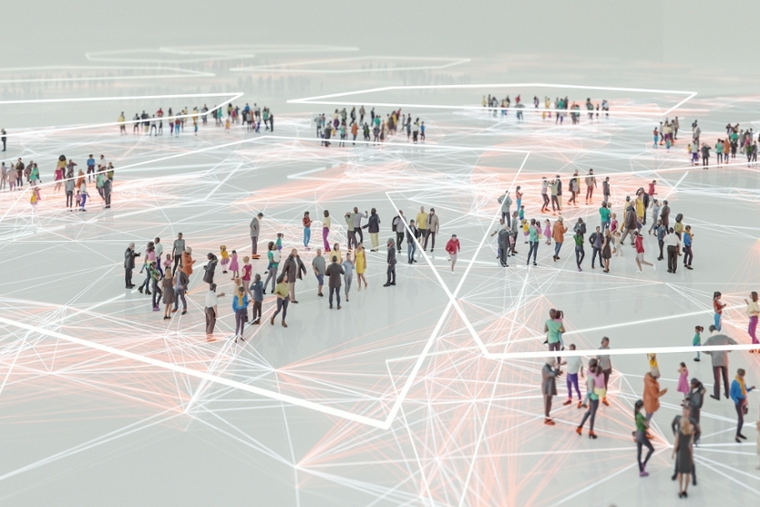 Menschen auf einem Platz umgeben von feinen Linien, die Datenverknüpfungen aus Forschung und Statistik darstellen sollen.