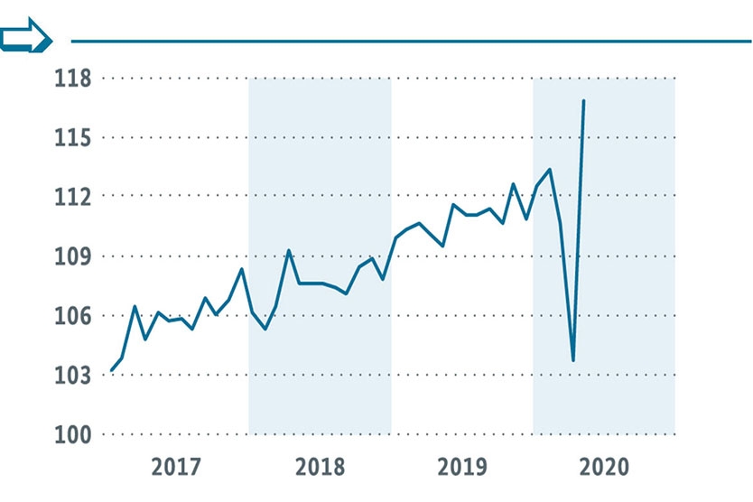 Einzelhandel ohne KfZ (Monate, Volumenindex 2015 = 100, kalender- und saisonbereinigt)