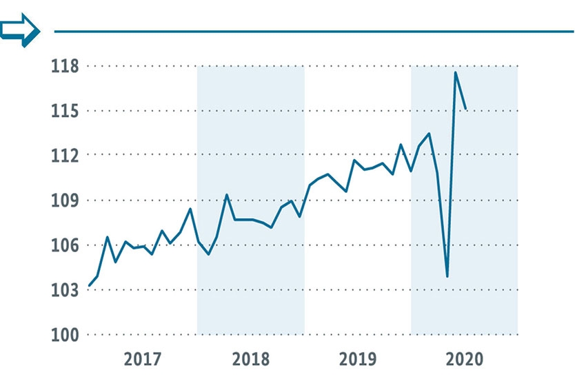 Einzelhandel ohne KfZ (Monate, Volumenindex 2015 = 100, kalender- und saisonbereinigt)