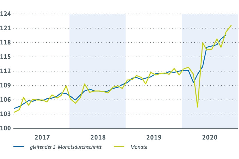 Einzelhandelsumsatz ohne Handel mit Kfz (Monate, Volumenindex 2015 = 100, saisonbereinigt)
