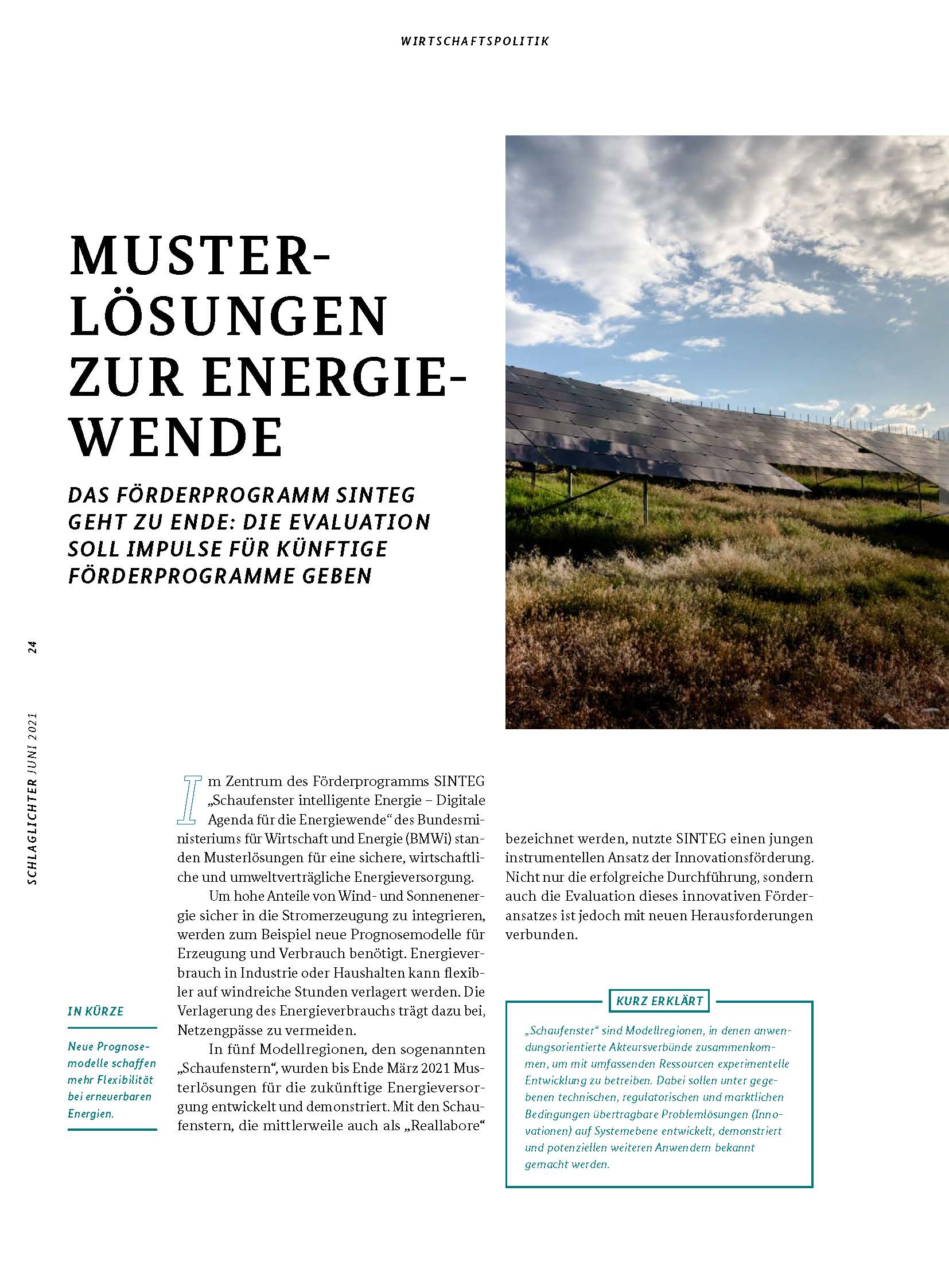Cover der Publikation Schlaglichter der Wirtschaftspolitik "Musterlösungen zur Energiewende"
