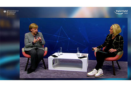Screenshot aus dem Video Der Digital-Gipfel 2020: Gespräch der Bundeskanzlerin mit Miriam Meckel und Achim Berg