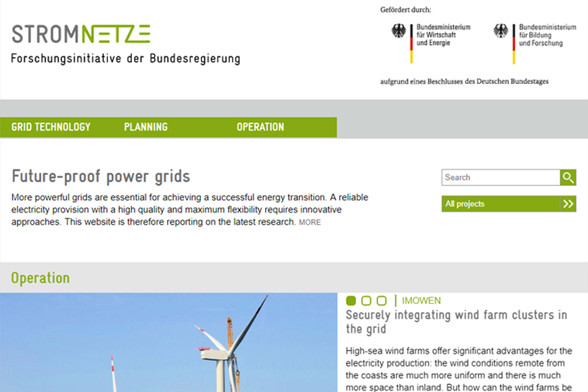 Screenshot of the website Forschung Stromnetze