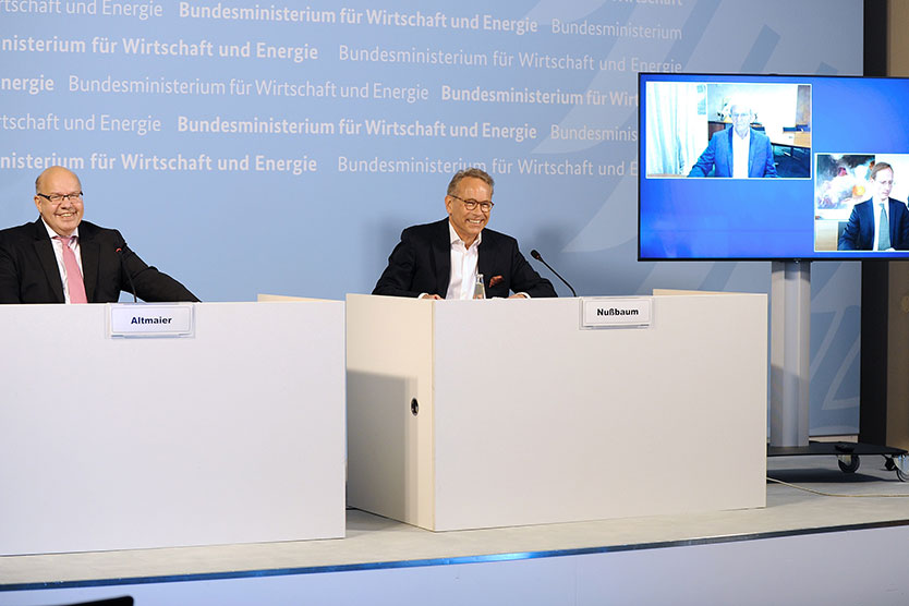 Minister Altmaier and State Secretary Nussbaum in a video conference with CureVac executives Dietmar Hopp and Franz-Werner Haas.