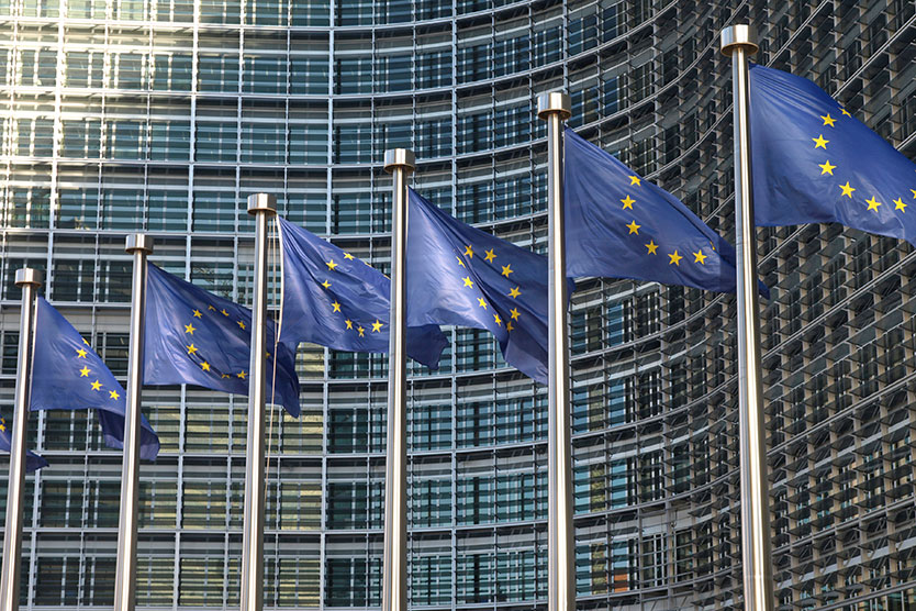 European flags in front of the EU Commission