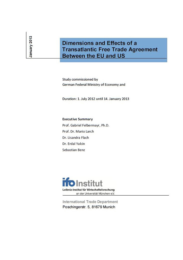 Cover "Dimensions and Effects of a Transatlantic Free Trade Agreement Between the EU and US"