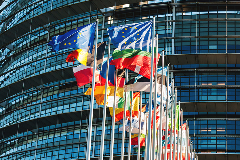 EU flags in front of the European Parliament symbolising the topic of the EU internal market