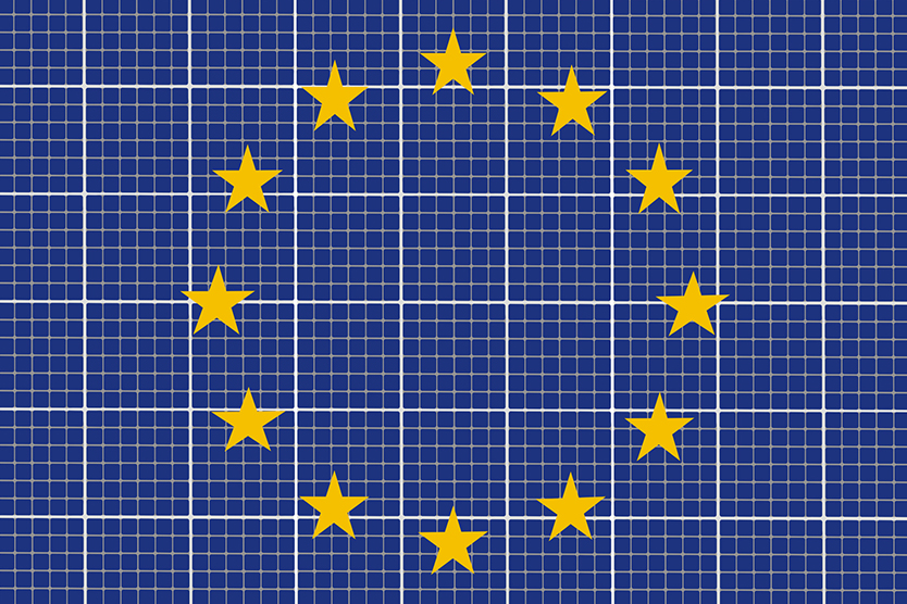 European Union stars in front of solar panels symbolises the EU's 2030 framework for climate and energy policies; Source: Fotolia.com/Thomas Kleber